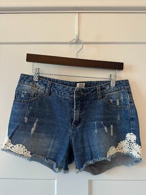 Vero Moda Distressed Denim Shorts Lace Trim